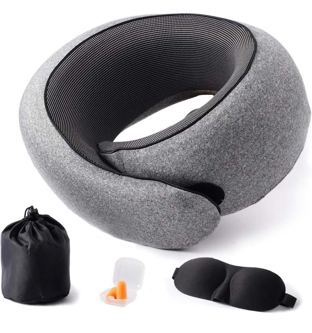 Ergonomic Memory Foam Travel Neck Pillow Set with 3D Eye Mask and Earplugs